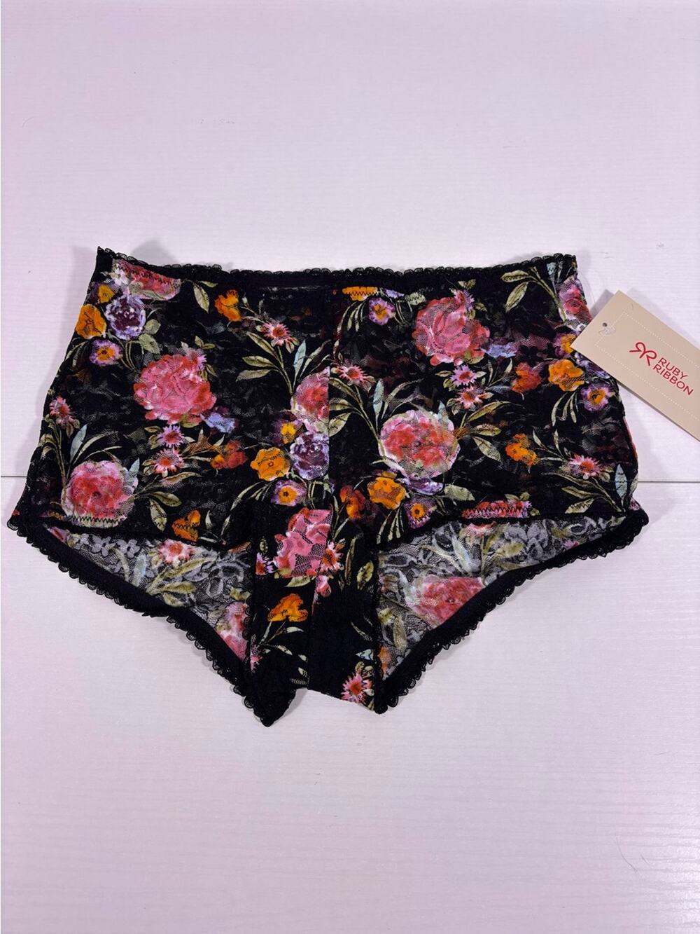 NWT Ruby Ribbon Floral Lace Boyshort Panty Black Pink Mesh Small